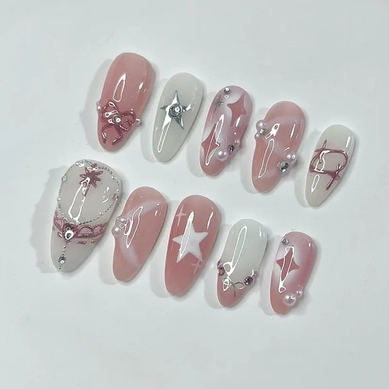 24pcs False Nails Glossy Green Summer Almond Fake Nail Tips Wearable Detachable Fashion Flower Print Press on Nails for Girl