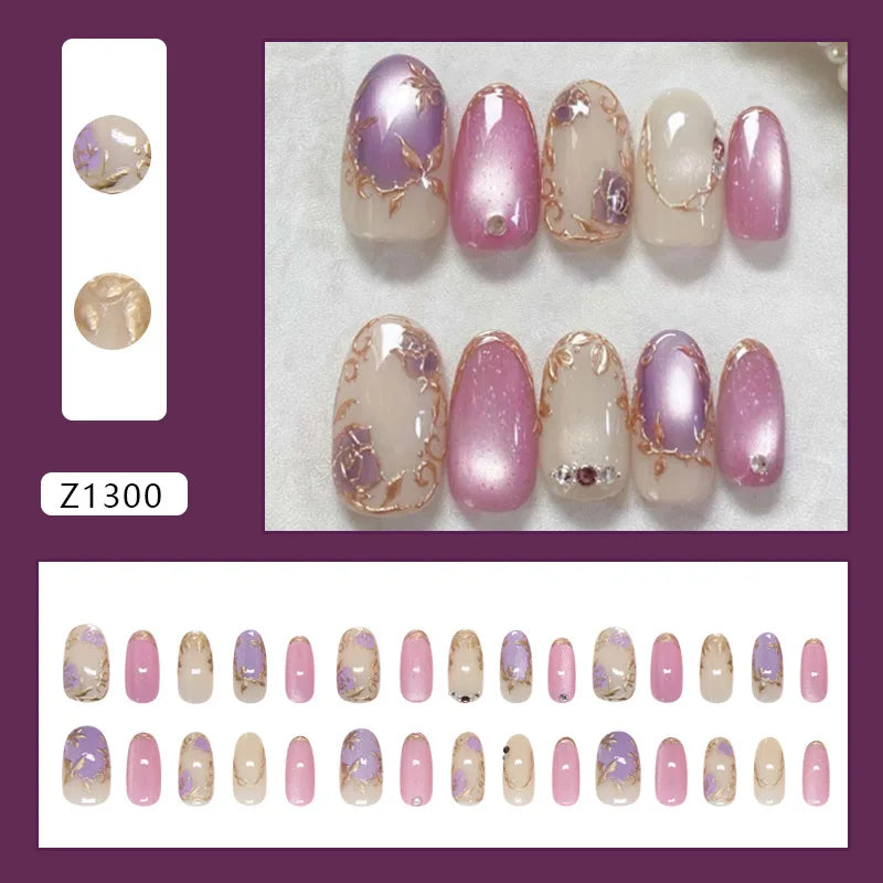 24pcs False Nails Glossy Green Summer Almond Fake Nail Tips Wearable Detachable Fashion Flower Print Press on Nails for Girl