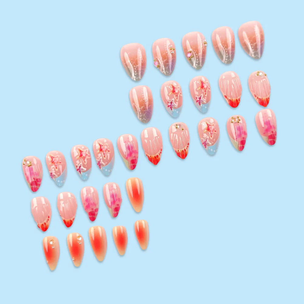 24pcs French Almond Press on Nails Colorful False Nails Summer Wearable Stick-on Nails Fake Nail Uñas Накладные Ногти 네일팁