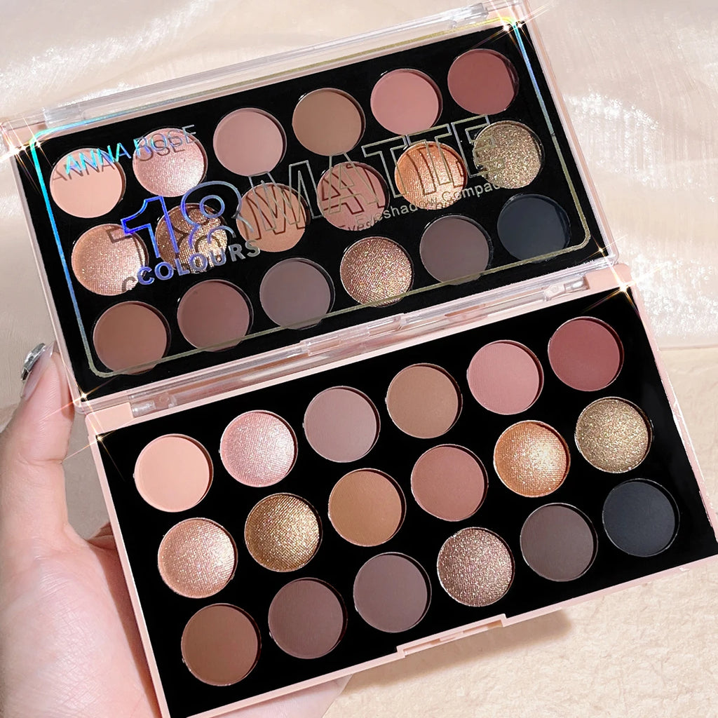 18-color eyeshadow palette, earth tone, European and American eyeshadow, matte and shimmer, versatile makeup