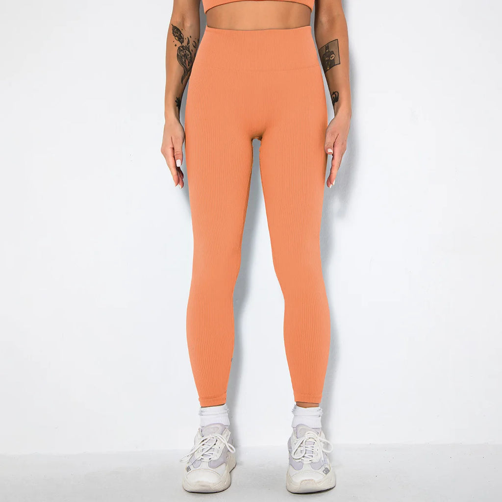 Seamless Ribbed Women Leggings Ladies High Waist Push Up Leggins Tight Striped Fitness Pants for Women Sport Gym Workout Pants