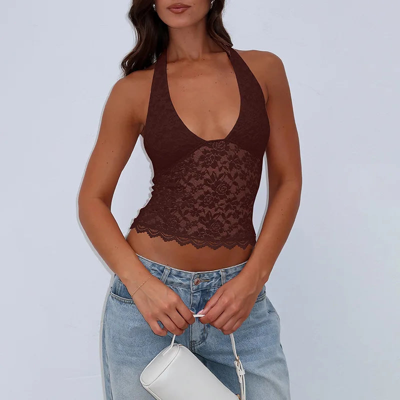 Women Summer Halter Tank Tops Hot Girls Sexy Hollow Out Lace Backless Vest Crop Tops