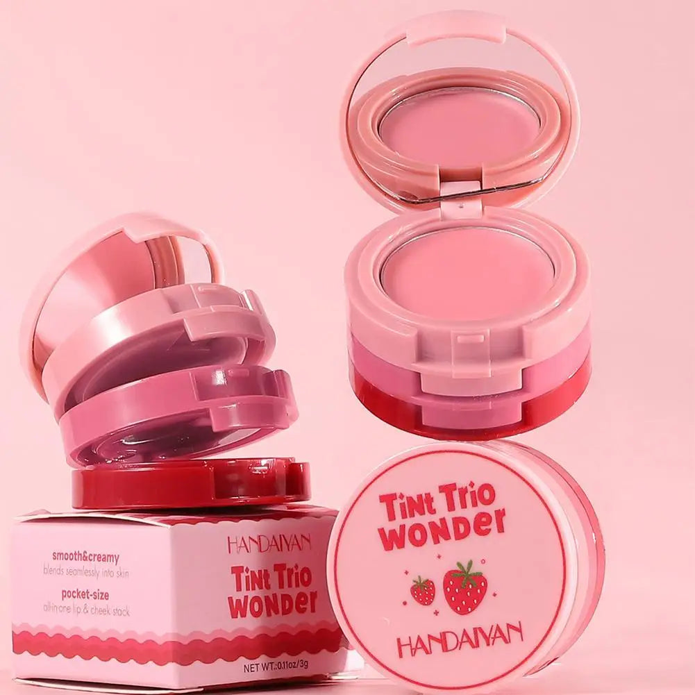 3-in-1 Multi-use Makeup Palette 3-Color Folding Matte Blush Tray Velvet Mousse Lip Mud for Cheeks Lips & Eyes Makeup
