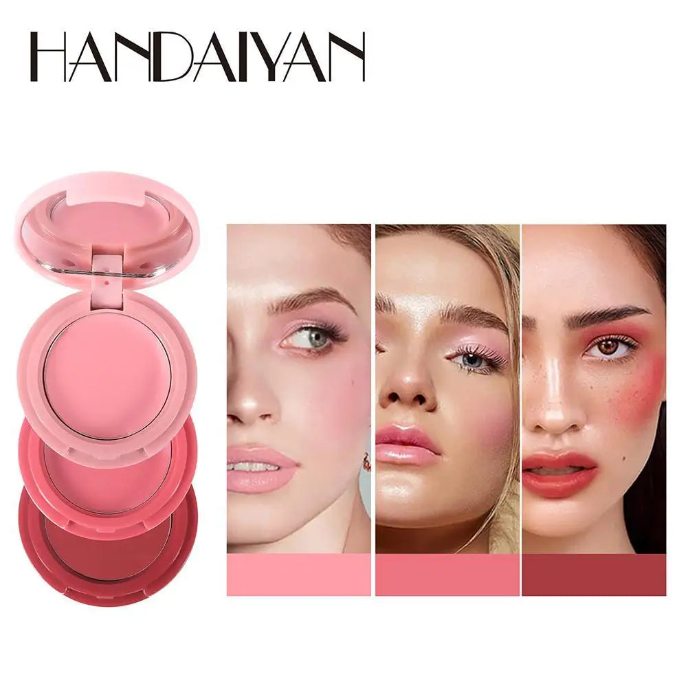 3-in-1 Multi-use Makeup Palette 3-Color Folding Matte Blush Tray Velvet Mousse Lip Mud for Cheeks Lips & Eyes Makeup