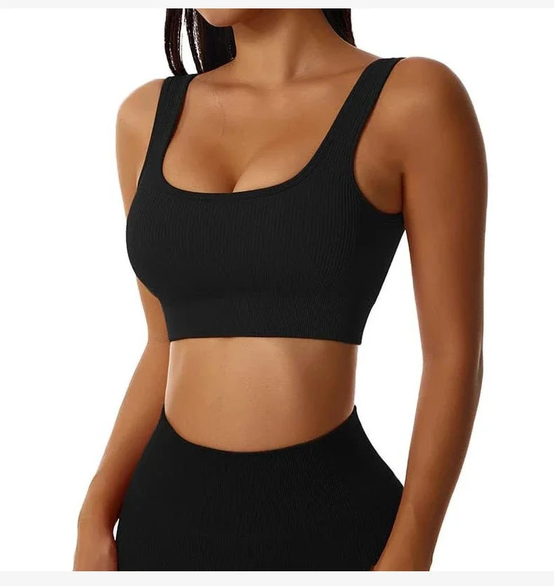 Women Sexy Fitness Yoga Bra Backless Navel Exposed Vest Seamless Thread Knit Solid Sports Bra Gym Outdoor Trainning Sports Bra