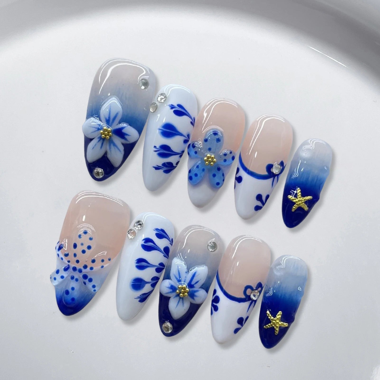 10PCS Handmade Almond Fake Nails With Carved 3D Floral Cat Eyes Pearl Brown Fake Nails Long Oval False Nail Wearable