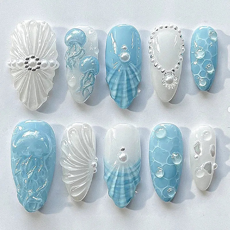 30pcs Fashion 3D Pearl Fake Nails Summer Beach Nail Art Reusable Press on Nails Blue Ocean Nail Art Designed Almond False Nails
