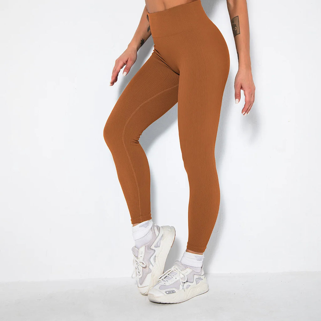 Seamless Ribbed Women Leggings Ladies High Waist Push Up Leggins Tight Striped Fitness Pants for Women Sport Gym Workout Pants