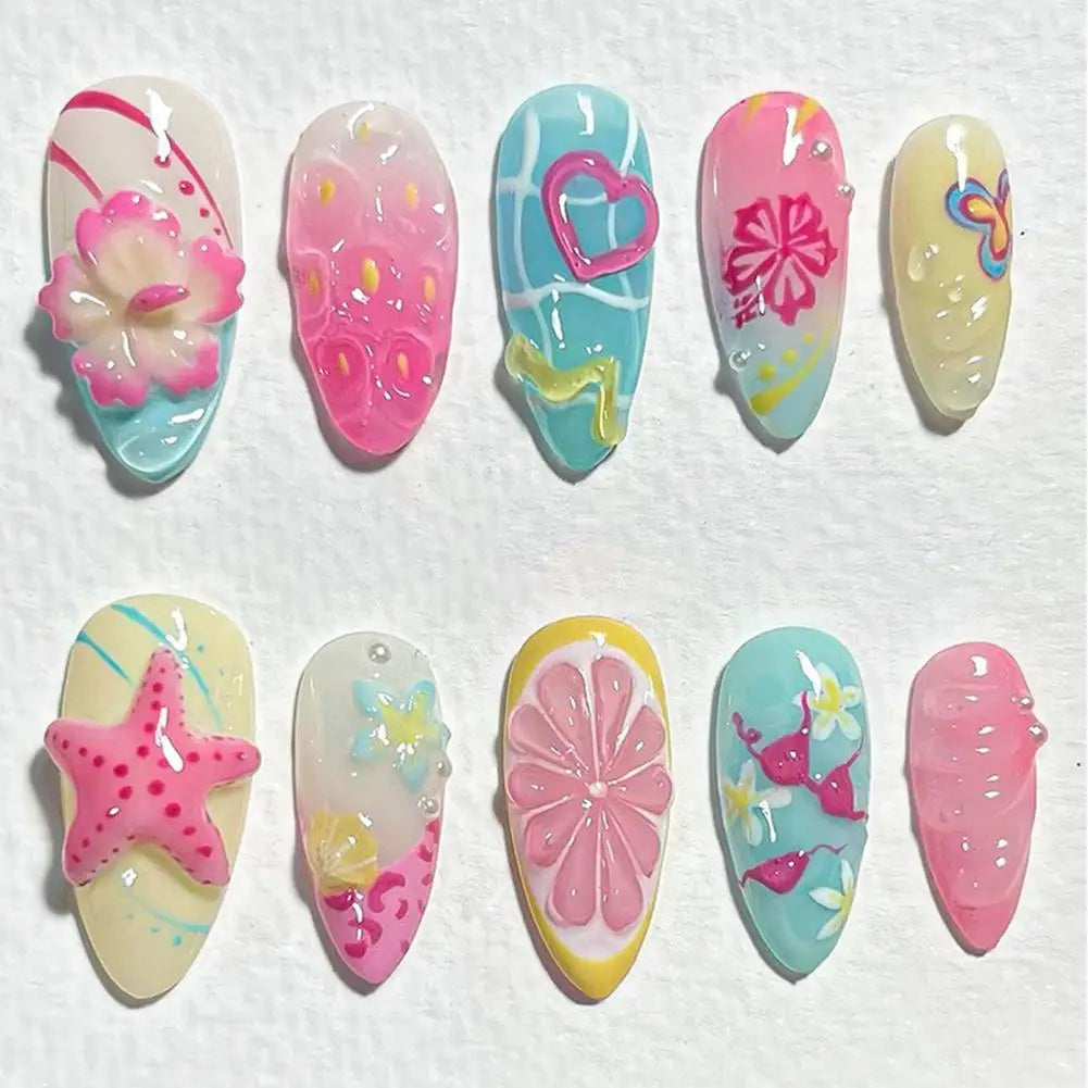 Summer Beach False Nails  Colorful Nails Sets With Pearl Flower Design Press On Nails Art Wearable Fake Nail