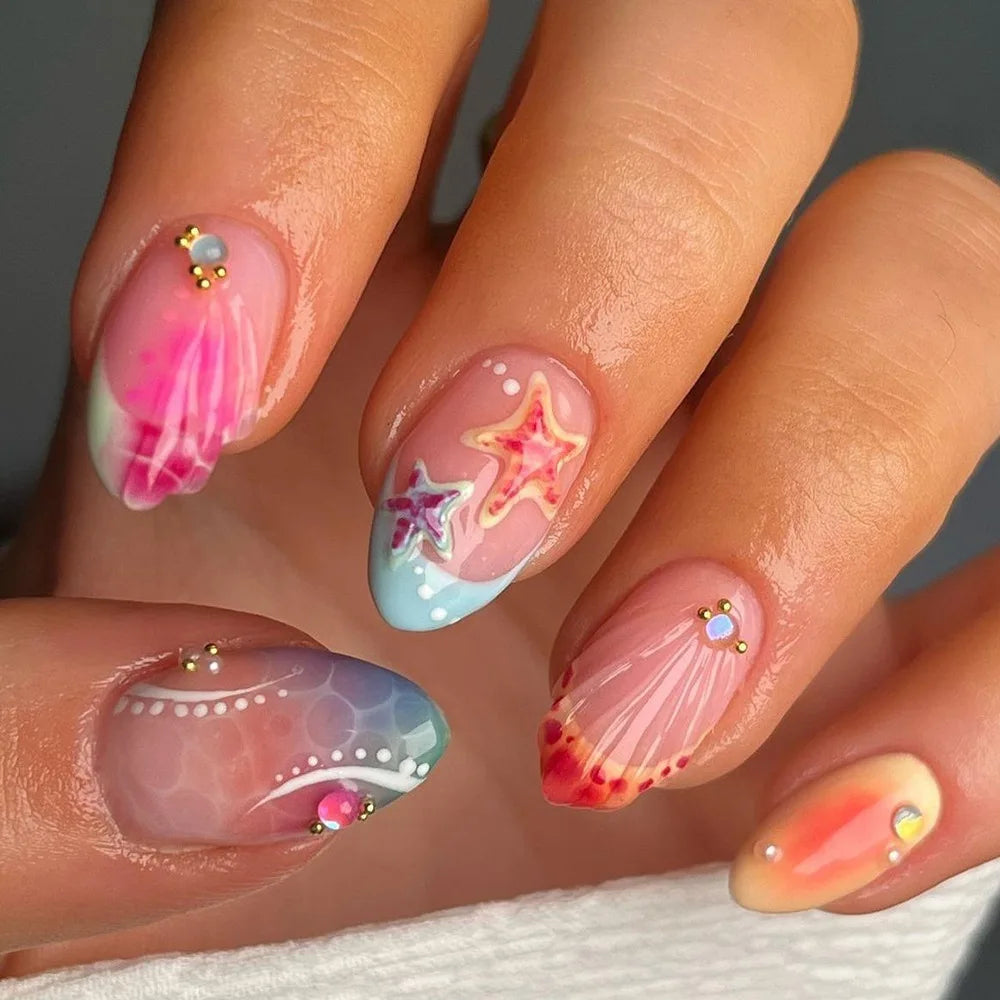 24pcs French Almond Press on Nails Colorful False Nails Summer Wearable Stick-on Nails Fake Nail Uñas Накладные Ногти 네일팁