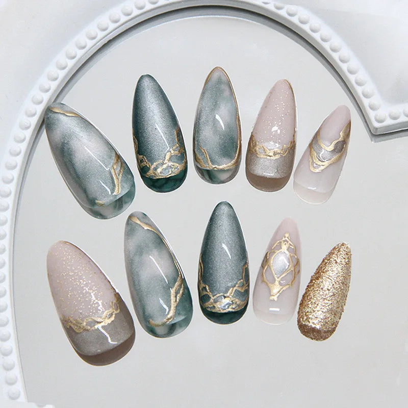 24pcs False Nails Glossy Green Summer Almond Fake Nail Tips Wearable Detachable Fashion Flower Print Press on Nails for Girl