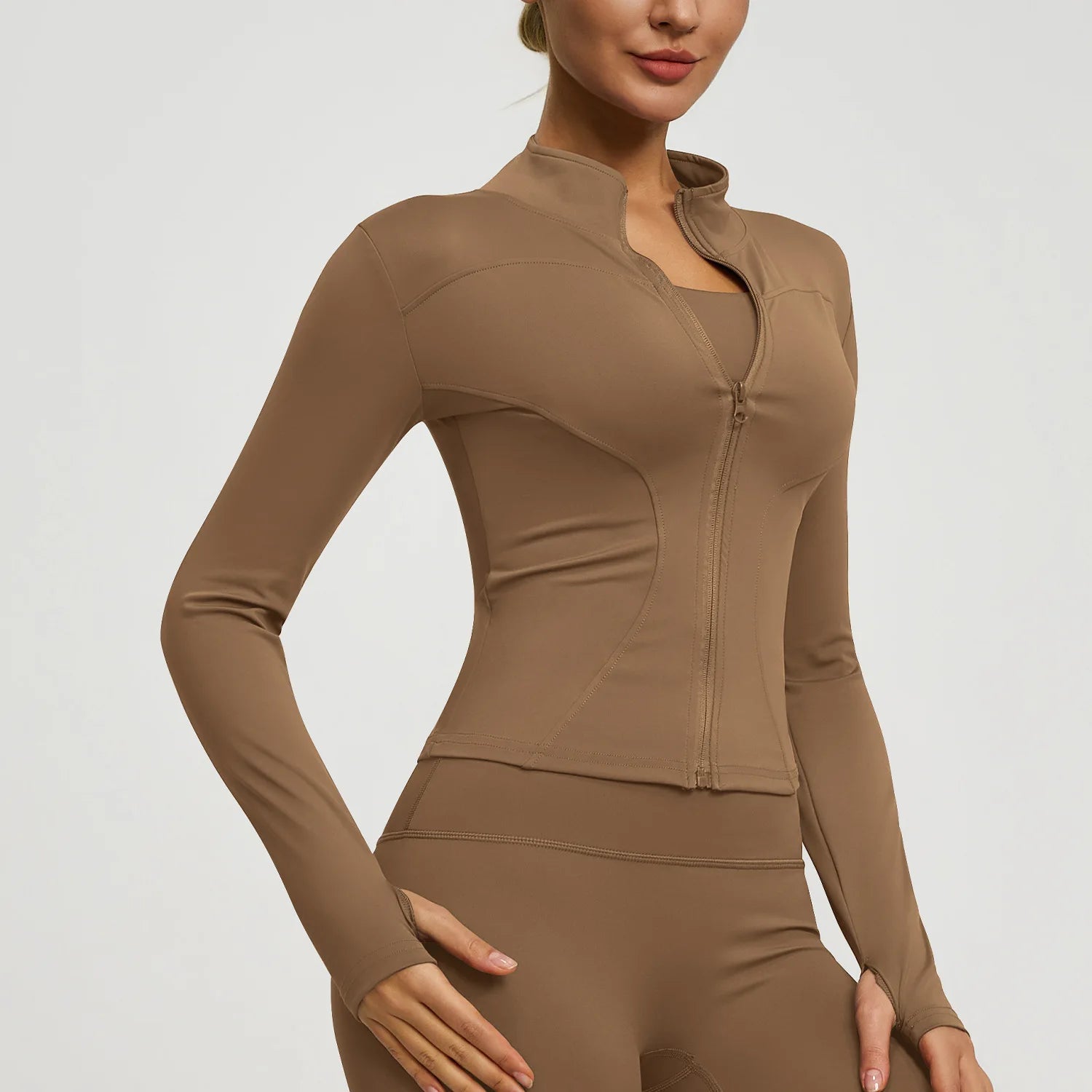 Slim Zipper Jacket Sports Jacket Women's Long Sleeved Tight Fitting Jacket Running Fitness Yoga Suit Top Peach Yoga Coat