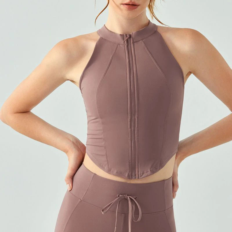 Slim Yoga Vest for Women Fashion Zipper Sleeveless with Chest Pad Running Fitness Clothing Bare Sensation Weight Loss Sportswear