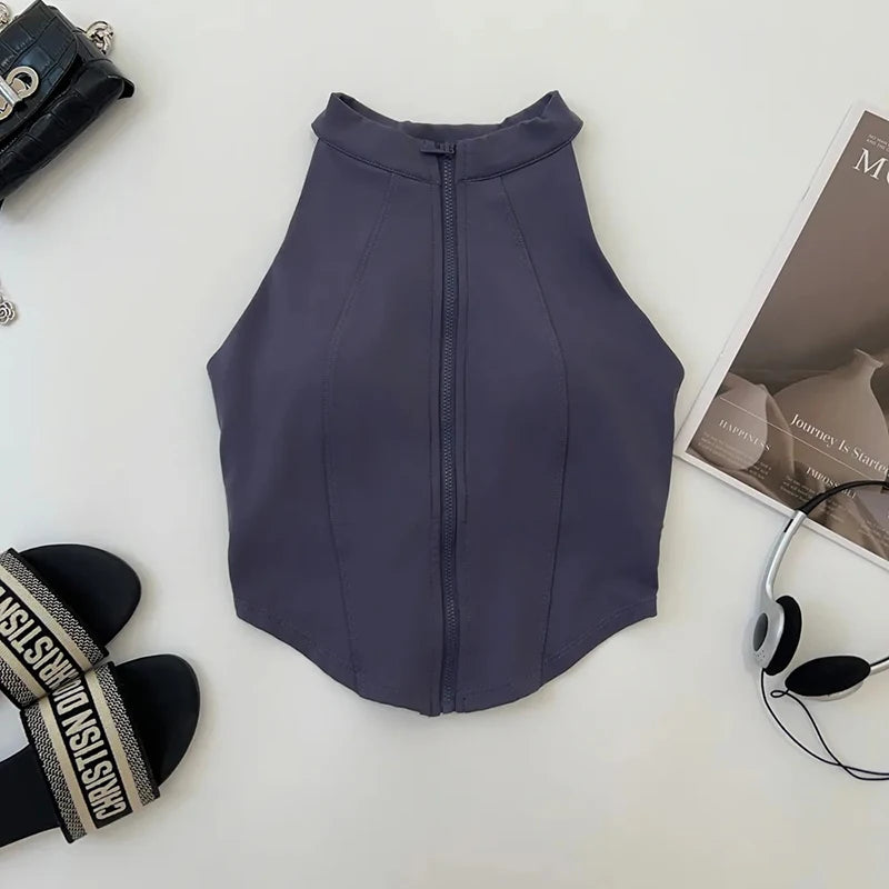 Slim Yoga Vest for Women Fashion Zipper Sleeveless with Chest Pad Running Fitness Clothing Bare Sensation Weight Loss Sportswear