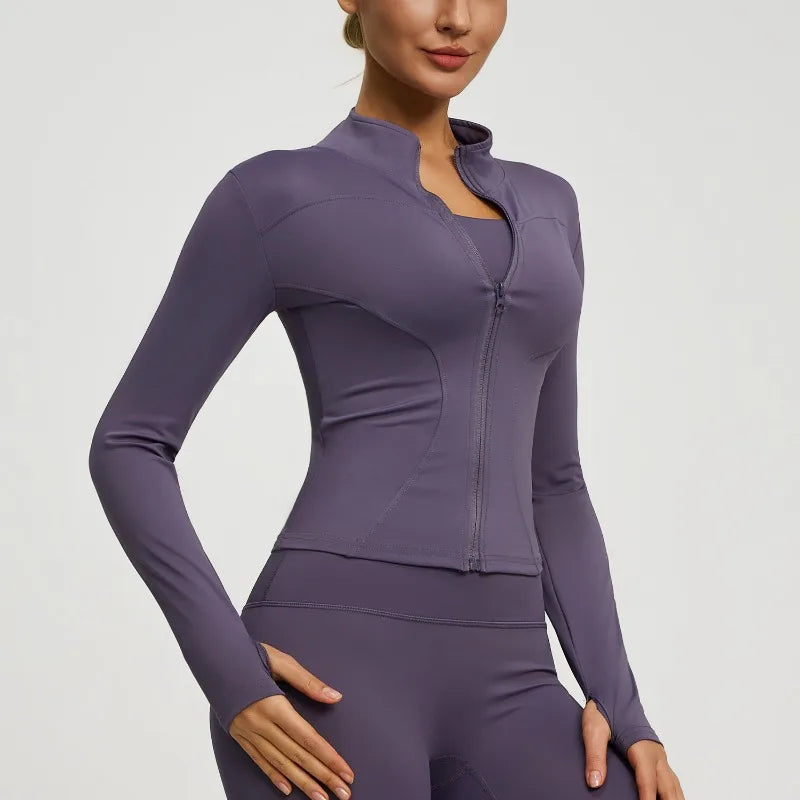 Slim Zipper Jacket Sports Jacket Women's Long Sleeved Tight Fitting Jacket Running Fitness Yoga Suit Top Peach Yoga Coat