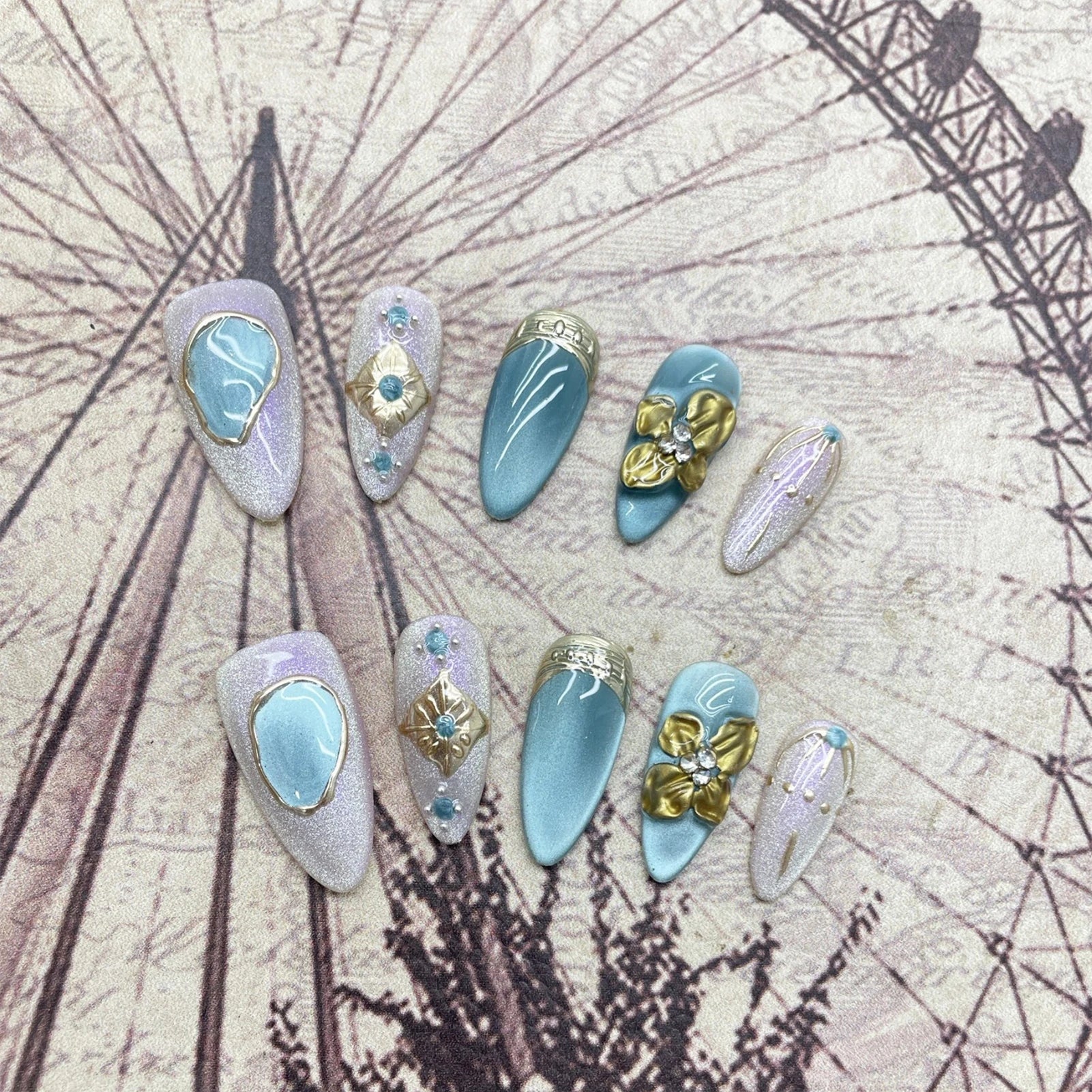 10PCS Handmade Almond Fake Nails With Carved 3D Floral Cat Eyes Pearl Brown Fake Nails Long Oval False Nail Wearable