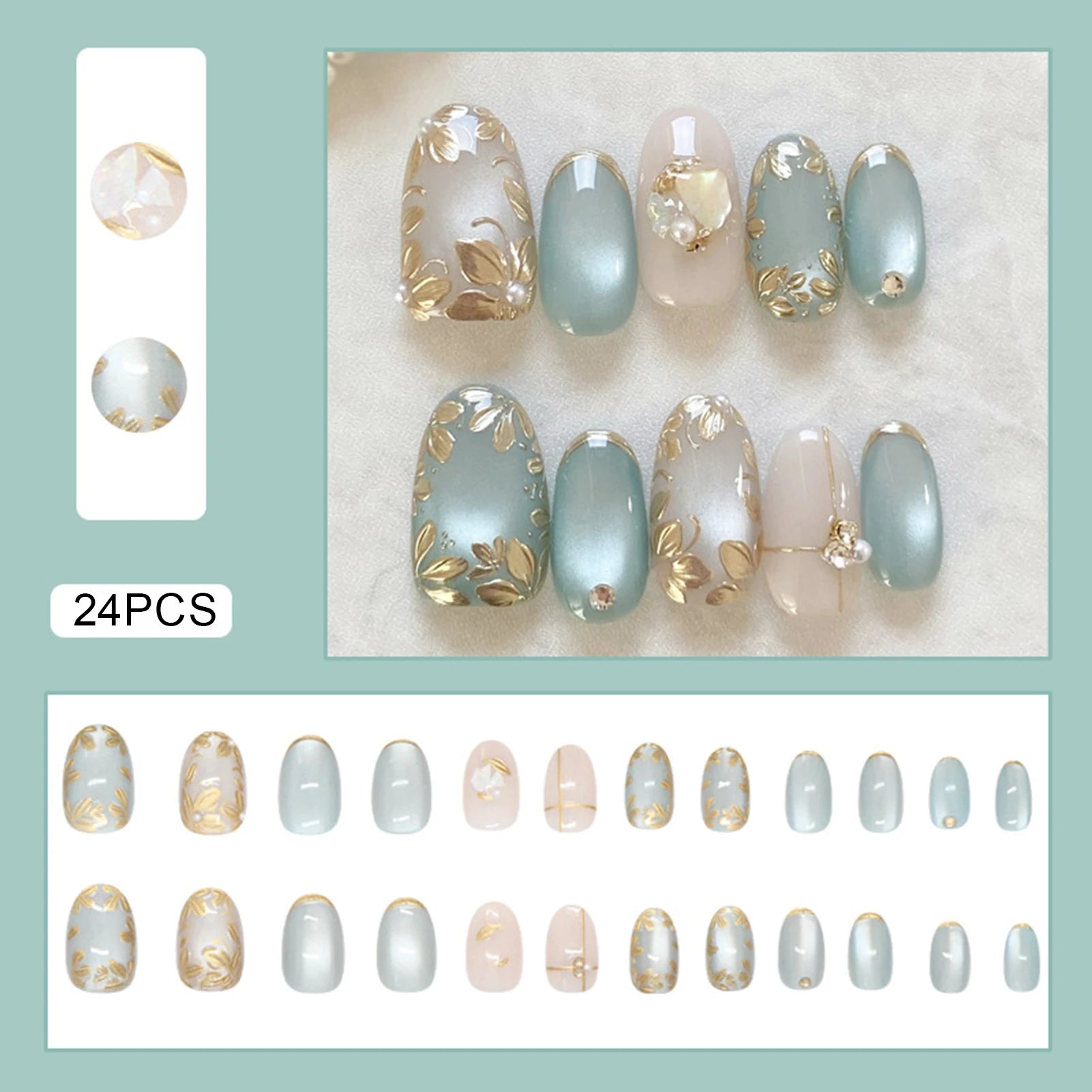 24pcs False Nails Glossy Green Summer Almond Fake Nail Tips Wearable Detachable Fashion Flower Print Press on Nails for Girl