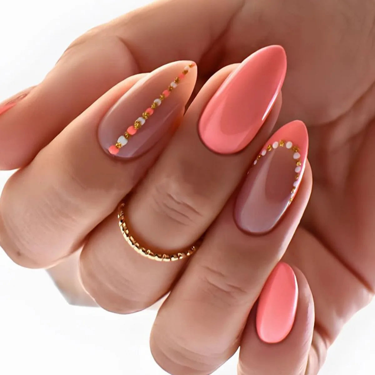 24pcs French False Nails Almond Head Summer Style Glitter Design Fake Nail Patch Full Cover Wearable Women Press on Nail Tips