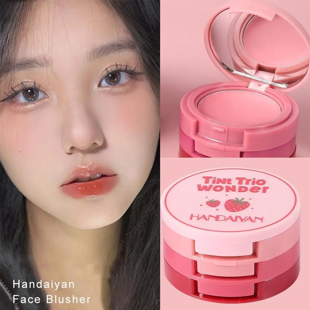3-in-1 Multi-use Makeup Palette 3-Color Folding Matte Blush Tray Velvet Mousse Lip Mud for Cheeks Lips & Eyes Makeup