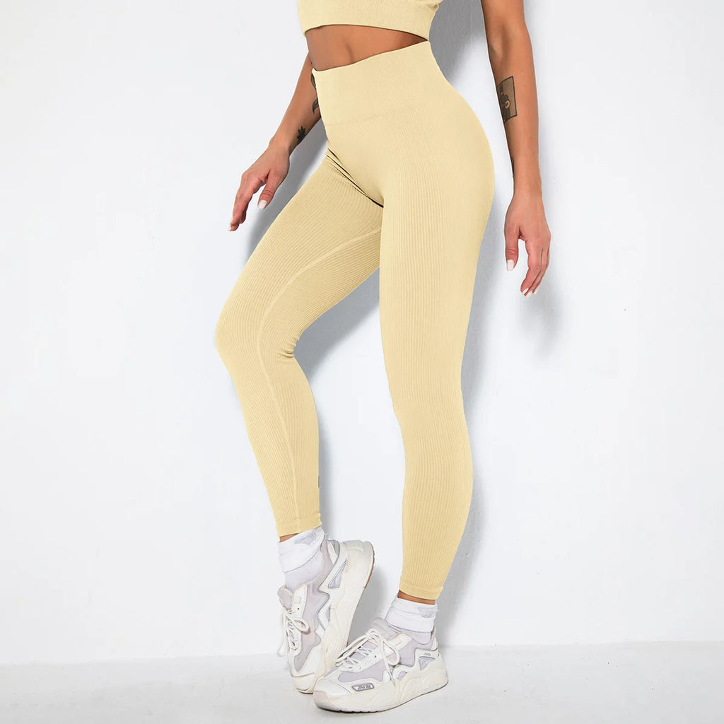 Seamless Ribbed Women Leggings Ladies High Waist Push Up Leggins Tight Striped Fitness Pants for Women Sport Gym Workout Pants