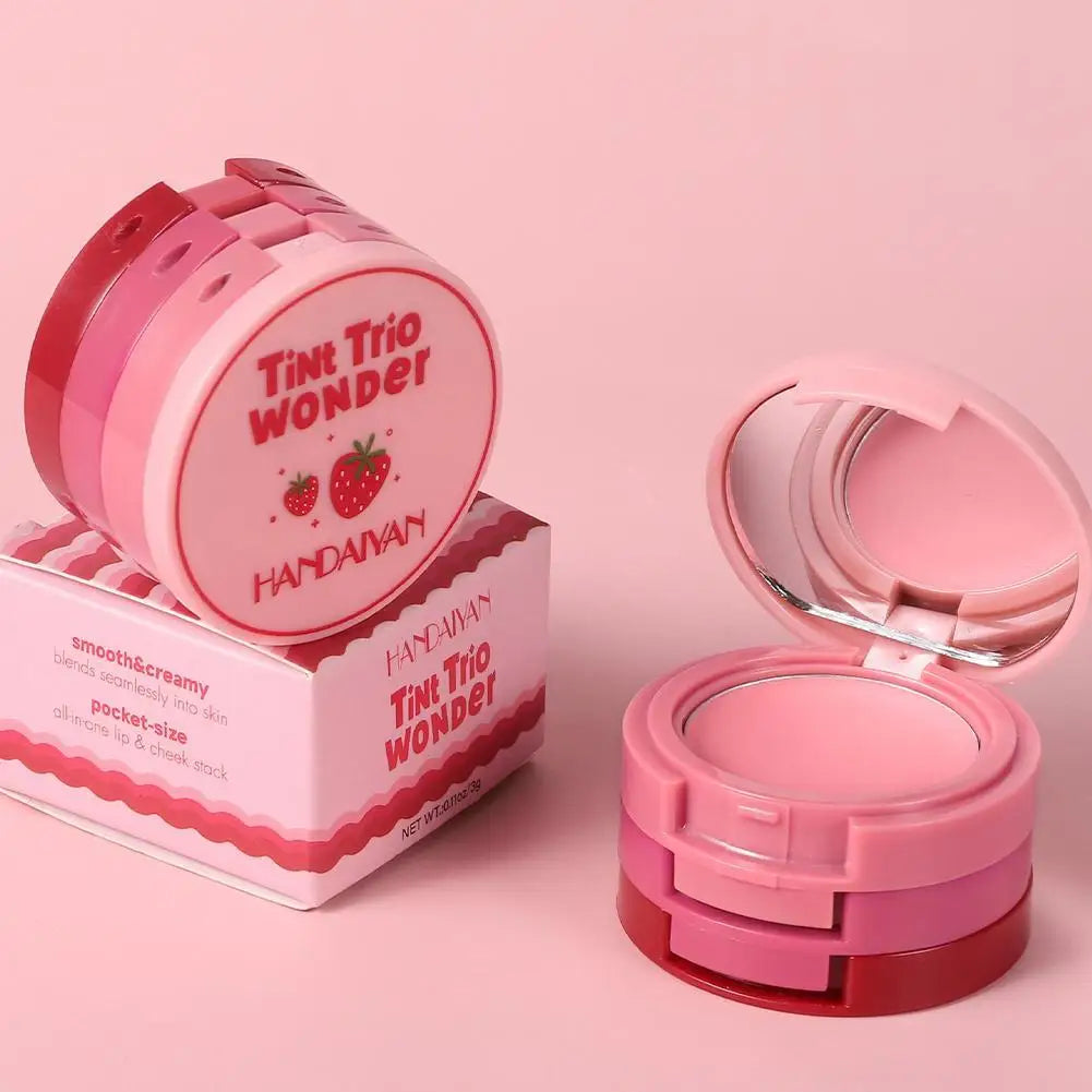 3-in-1 Multi-use Makeup Palette 3-Color Folding Matte Blush Tray Velvet Mousse Lip Mud for Cheeks Lips & Eyes Makeup
