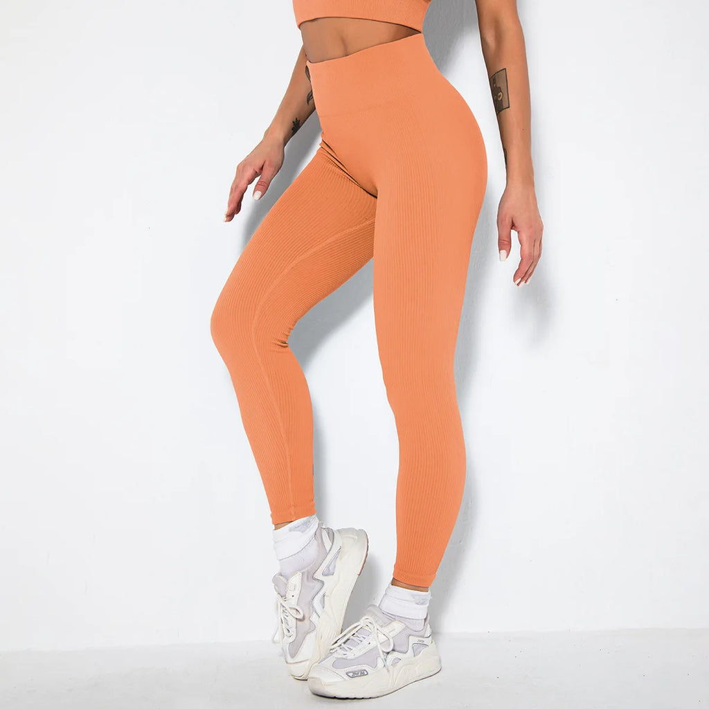 Seamless Ribbed Women Leggings Ladies High Waist Push Up Leggins Tight Striped Fitness Pants for Women Sport Gym Workout Pants