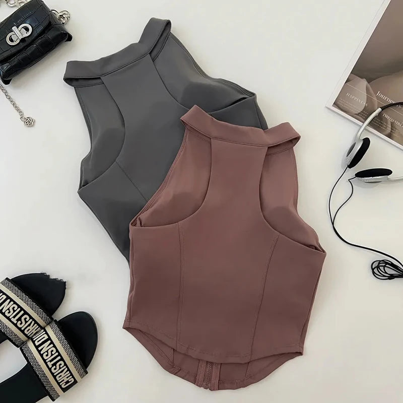 Slim Yoga Vest for Women Fashion Zipper Sleeveless with Chest Pad Running Fitness Clothing Bare Sensation Weight Loss Sportswear