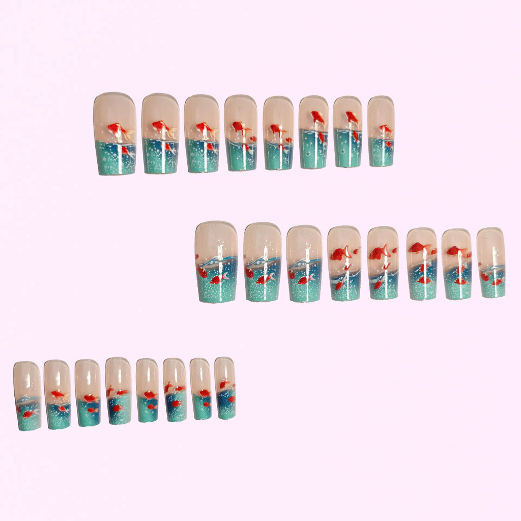 Medium long Square fake nails for women Summer blue water fish in yellow red colors full cover press on acrylic false nail art