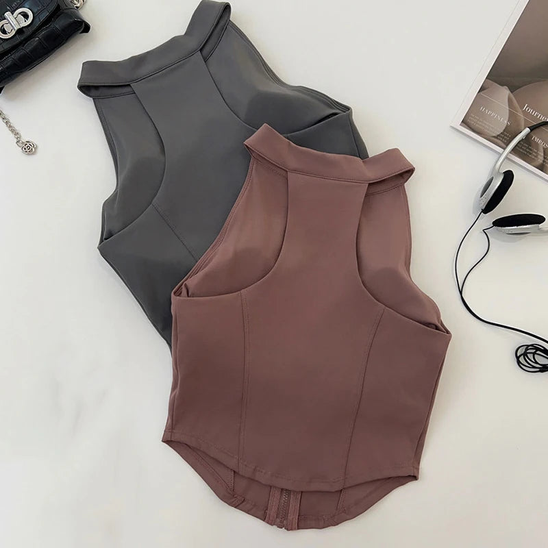 Slim Yoga Vest for Women Fashion Zipper Sleeveless with Chest Pad Running Fitness Clothing Bare Sensation Weight Loss Sportswear