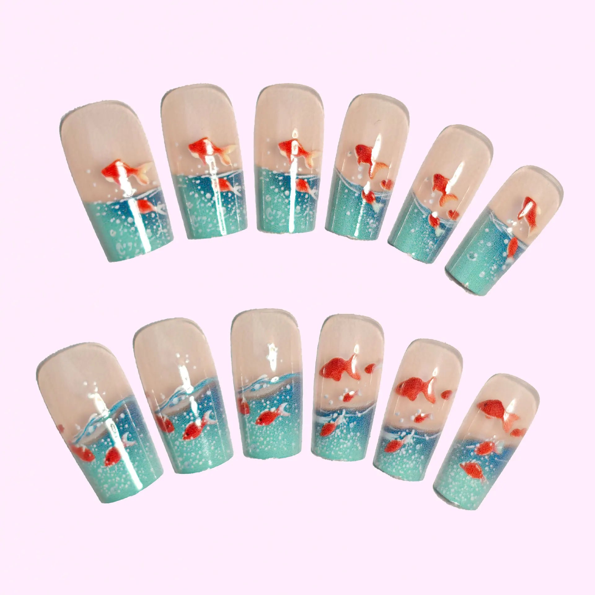 Medium long Square fake nails for women Summer blue water fish in yellow red colors full cover press on acrylic false nail art