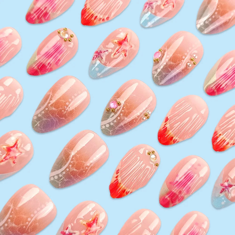 24pcs French Almond Press on Nails Colorful False Nails Summer Wearable Stick-on Nails Fake Nail Uñas Накладные Ногти 네일팁