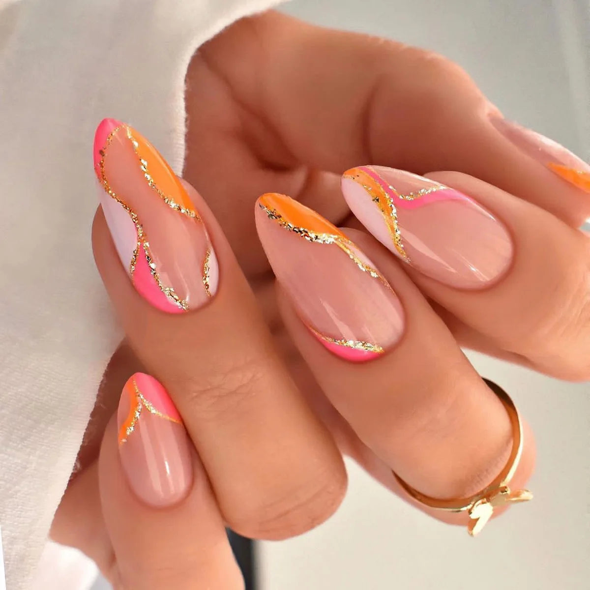 24pcs French False Nails Almond Head Summer Style Glitter Design Fake Nail Patch Full Cover Wearable Women Press on Nail Tips