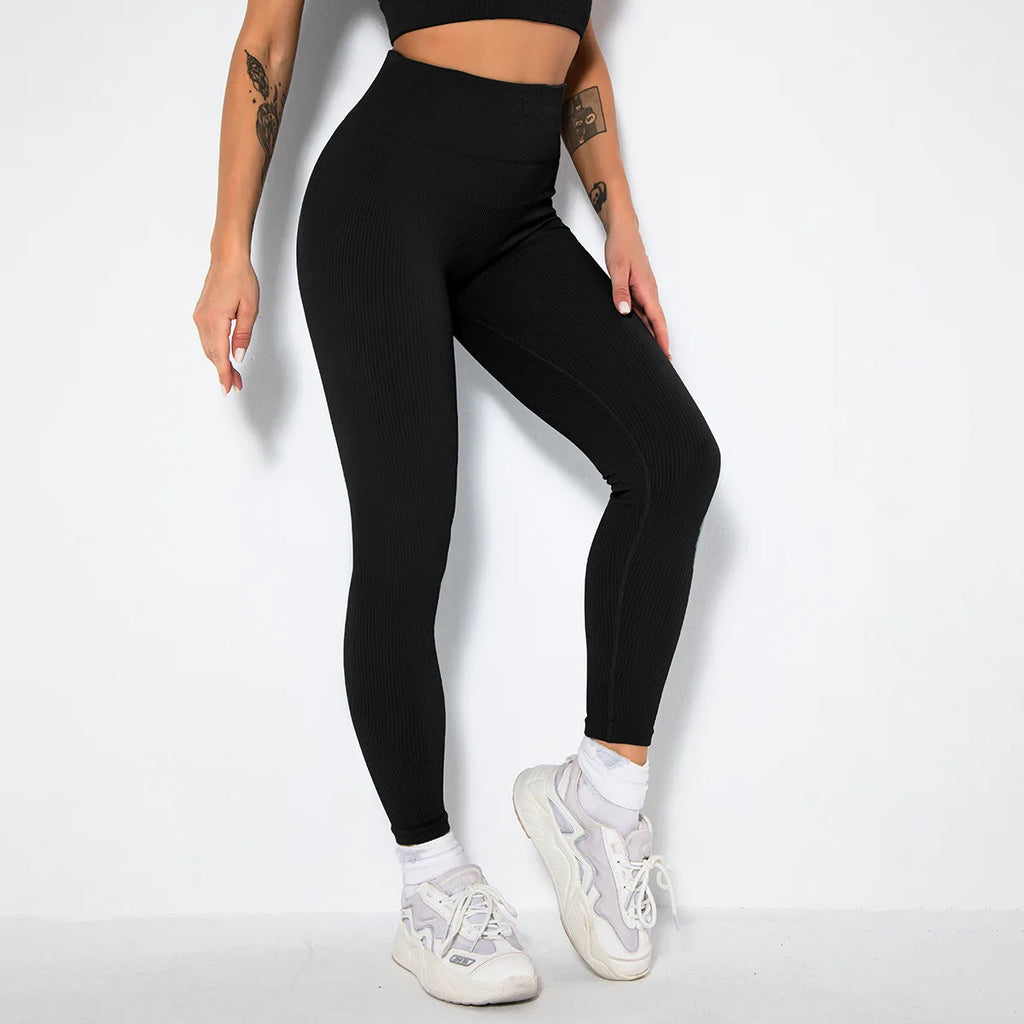Seamless Ribbed Women Leggings Ladies High Waist Push Up Leggins Tight Striped Fitness Pants for Women Sport Gym Workout Pants