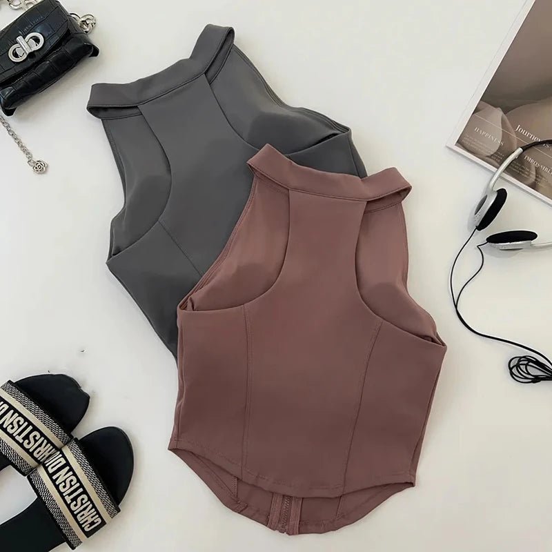 Slim Yoga Vest for Women Fashion Zipper Sleeveless with Chest Pad Running Fitness Clothing Bare Sensation Weight Loss Sportswear
