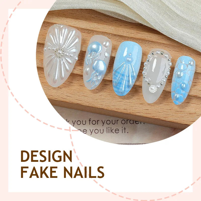 30pcs Fashion 3D Pearl Fake Nails Summer Beach Nail Art Reusable Press on Nails Blue Ocean Nail Art Designed Almond False Nails