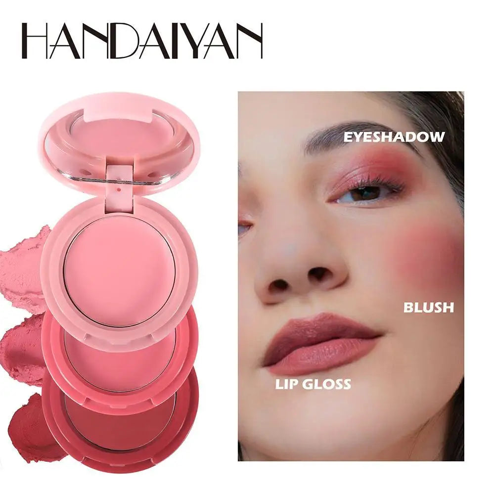 3-in-1 Multi-use Makeup Palette 3-Color Folding Matte Blush Tray Velvet Mousse Lip Mud for Cheeks Lips & Eyes Makeup