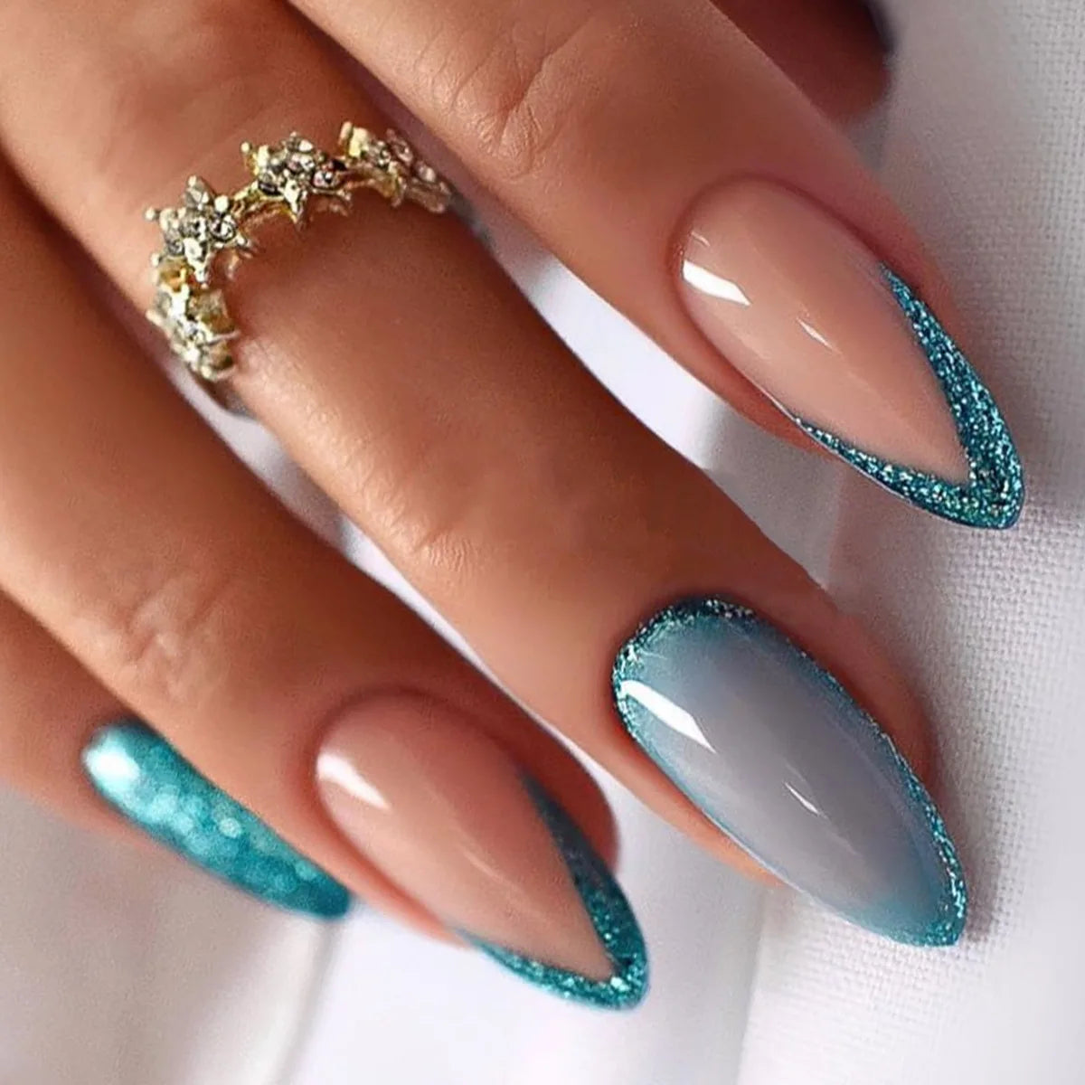 24pcs French False Nails Almond Head Summer Style Glitter Design Fake Nail Patch Full Cover Wearable Women Press on Nail Tips