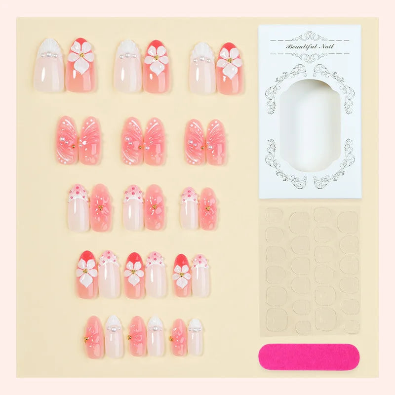 24pcs/set Flower French Almond Press on Nails Summer False Nails Pink Wearable Stick-on Nails Fake Nail Накладные Ногти 네일팁 Uñas