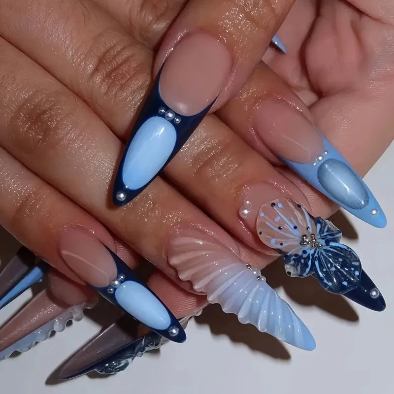 24pcs French Almond Press on Nails Colorful False Nails Summer Wearable Stick-on Nails Fake Nail Uñas Накладные Ногти 네일팁