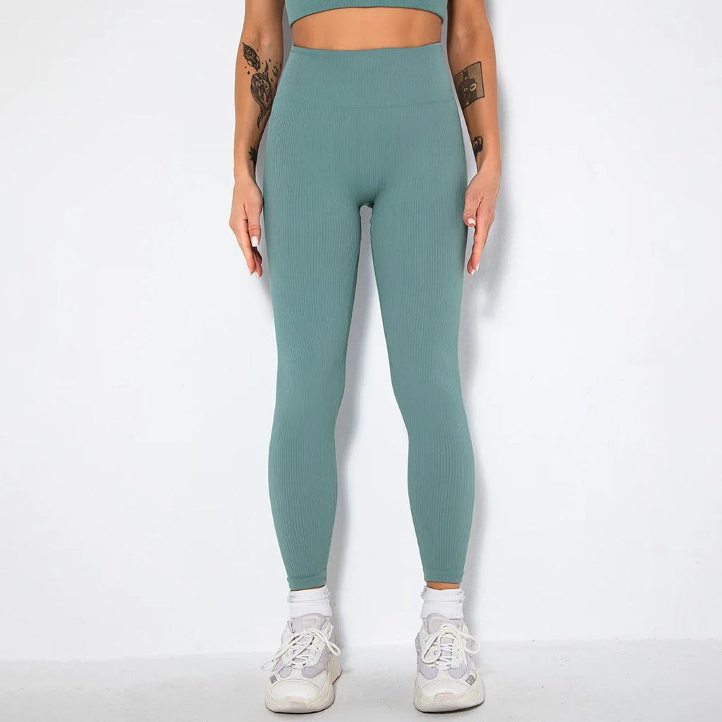 Seamless Ribbed Women Leggings Ladies High Waist Push Up Leggins Tight Striped Fitness Pants for Women Sport Gym Workout Pants