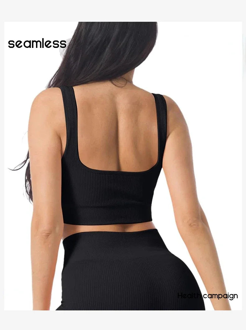 Women Sexy Fitness Yoga Bra Backless Navel Exposed Vest Seamless Thread Knit Solid Sports Bra Gym Outdoor Trainning Sports Bra