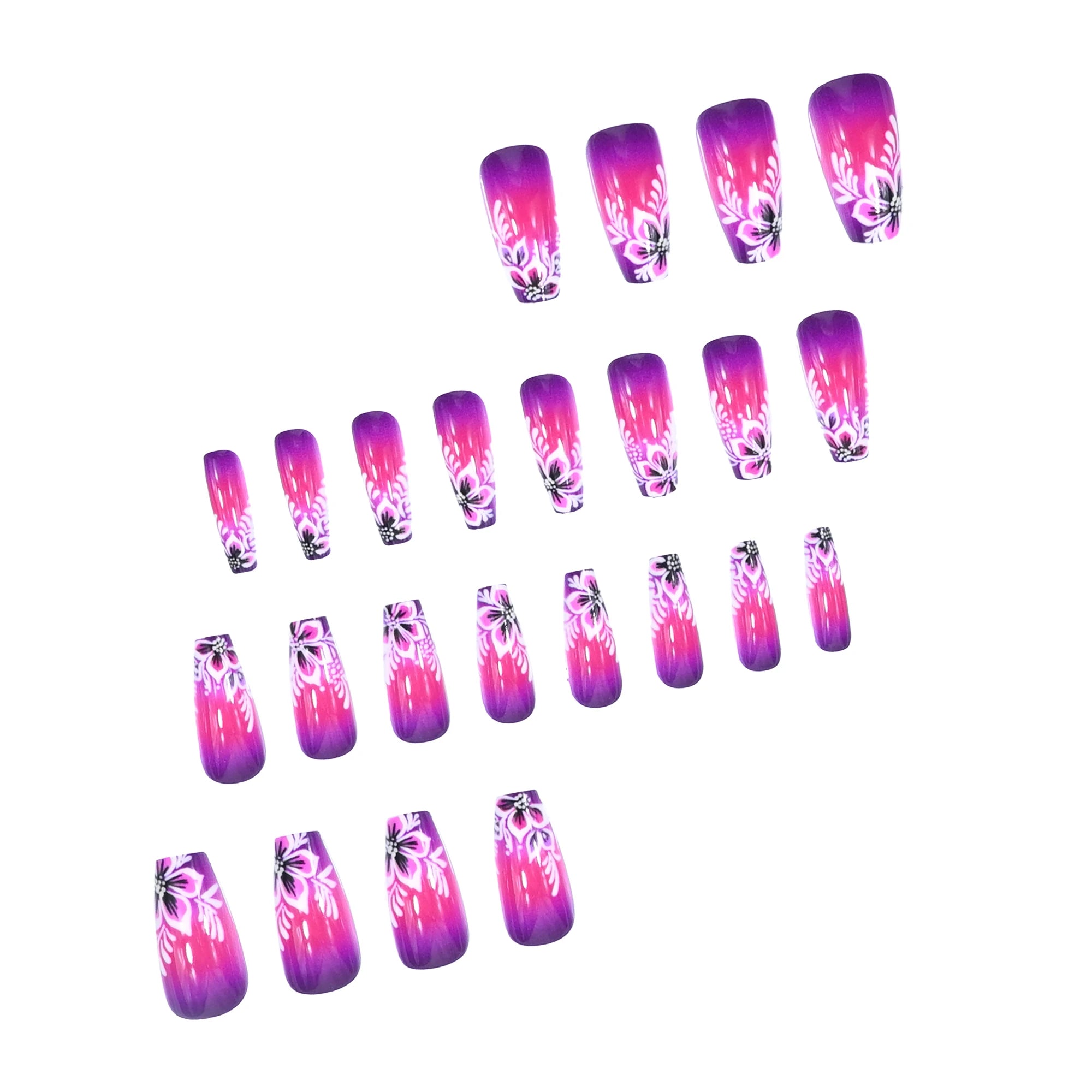A full set of 24 medium-size coffin-shaped fake nails, crafted with gradient and smudge techniques and adorned with fuchsia flor