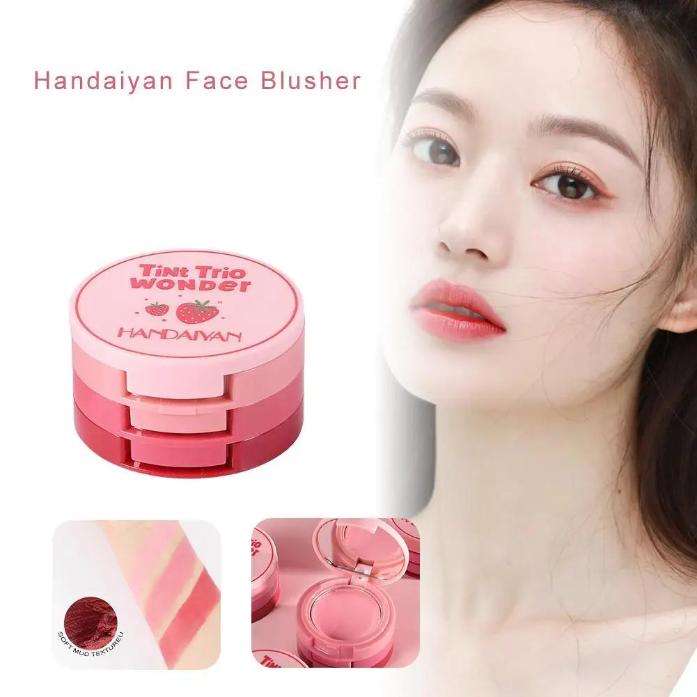 3-in-1 Multi-use Makeup Palette 3-Color Folding Matte Blush Tray Velvet Mousse Lip Mud for Cheeks Lips & Eyes Makeup